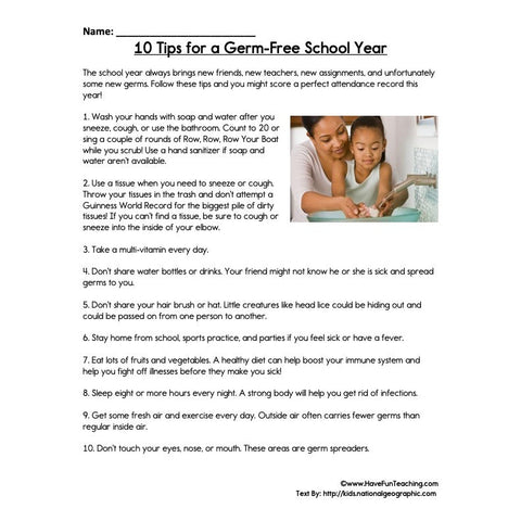 10 Tips for a Germ Free School Year Worksheet