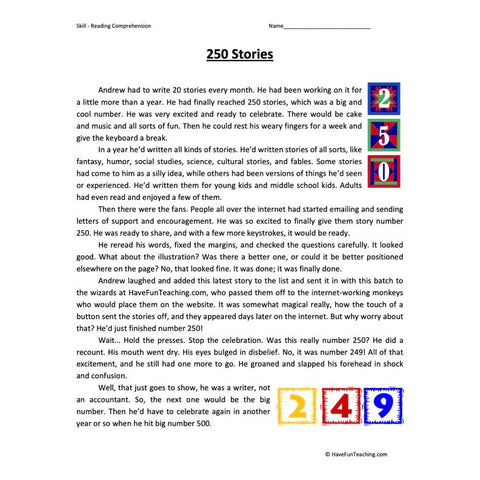 250 Stories Reading Comprehension Worksheet