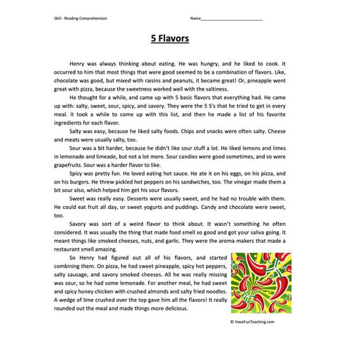 5 Flavors Reading Comprehension Worksheet