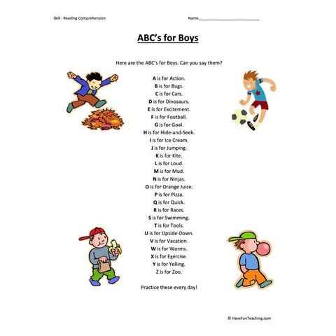ABCs for Boys Reading Comprehension Worksheet