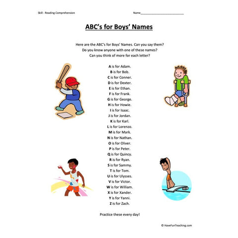 ABCs for Boys Names Reading Comprehension Worksheet