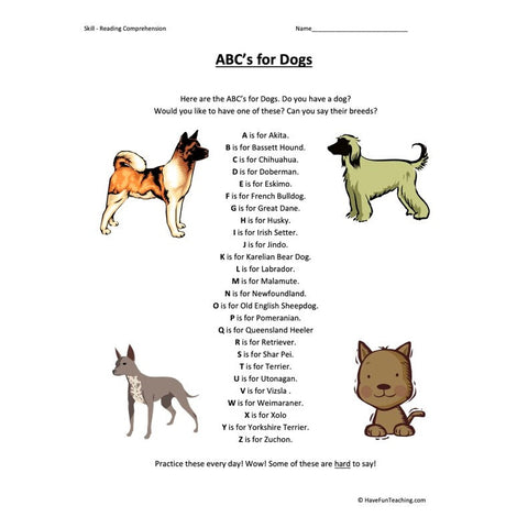 ABCs for Dogs Reading Comprehension Worksheet