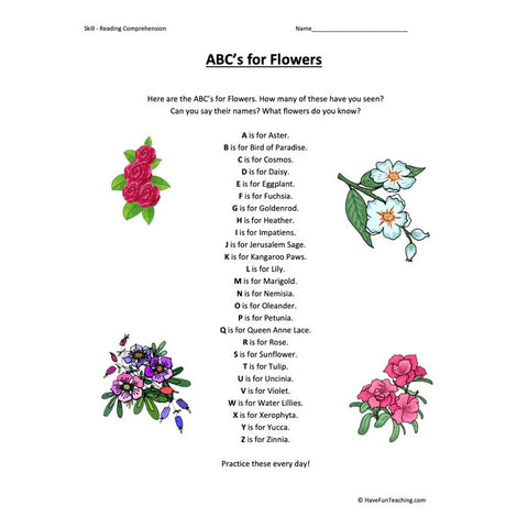 ABCs for Flowers Reading Comprehension Worksheet