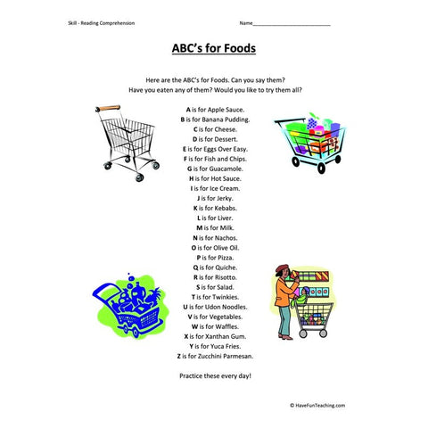 ABCs for Food Reading Comprehension Worksheet