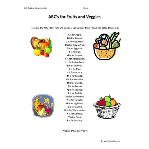 ABC’s for Fruits and Veggies Worksheet