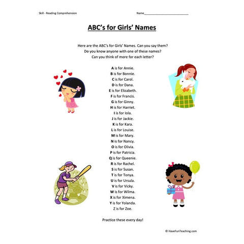 ABCs for Girls Names Reading Comprehension Worksheet