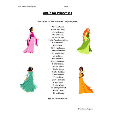 ABCs for Princesses Reading Comprehension Worksheet