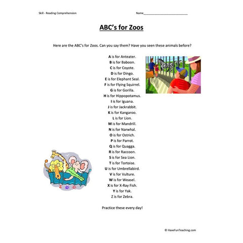 ABCs for Zoos Reading Comprehension Worksheet