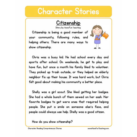 Character Education Reading Comprehension Citizenship Worksheet