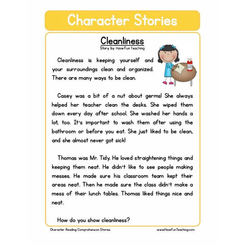 Character Education Reading Comprehension Cleanliness Worksheet