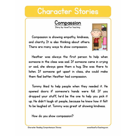 Character Education Reading Comprehension Compassion Worksheet