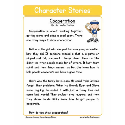 Character Education Reading Comprehension Cooperation Worksheet