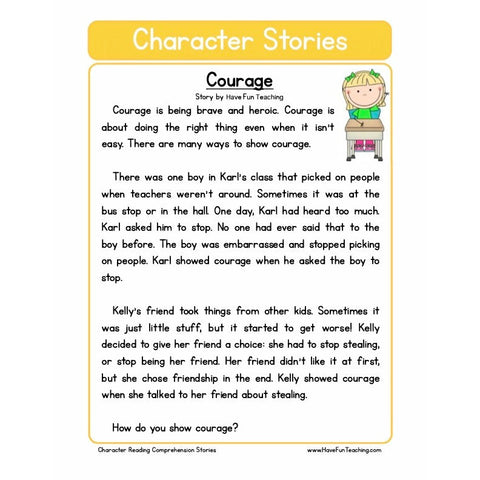 Character Education Reading Comprehension Courage Worksheet