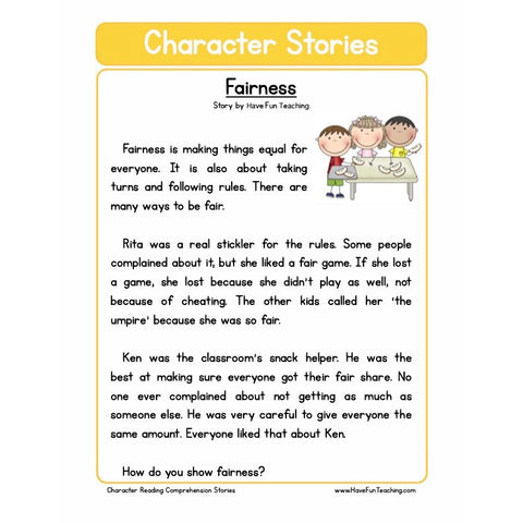 Character Education Reading Comprehension Fairness Worksheet