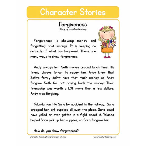 Character Education Reading Comprehension Forgiveness Worksheet