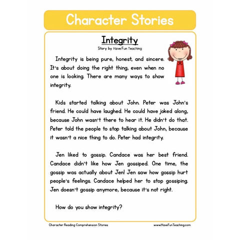 Character Education Reading Comprehension Integrity Worksheet