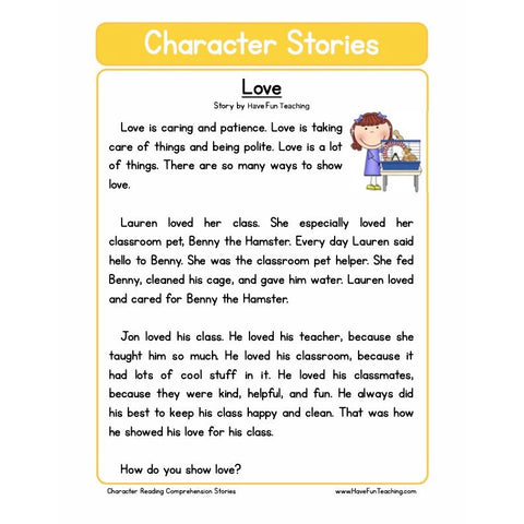 Character Education Reading Comprehension Love Worksheet