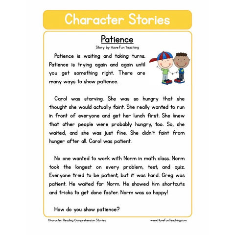 Character Education Reading Comprehension Patience Worksheet