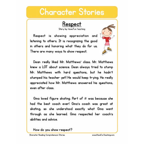 Character Education Reading Comprehension Respect Worksheet