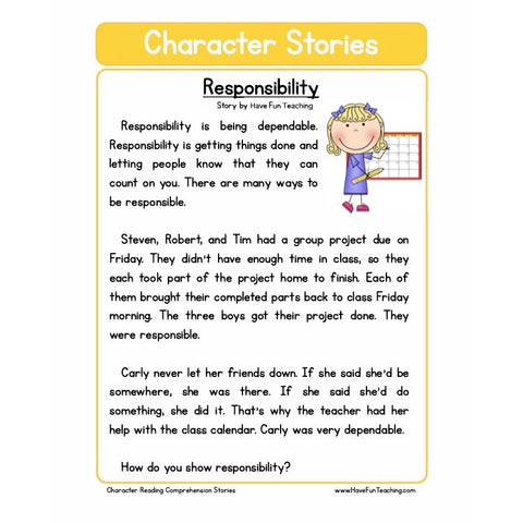 Character Education Reading Comprehension Responsibility Worksheet