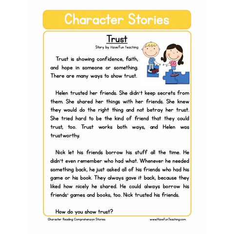 Character Education Reading Comprehension Trust Worksheet