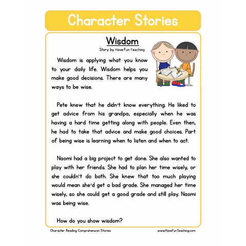 Character Education Reading Comprehension Wisdom Worksheet
