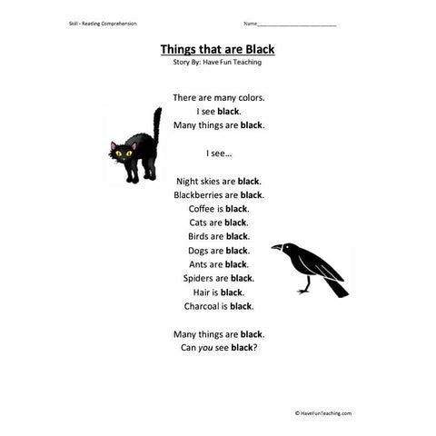 Everyday Colors Reading Comprehension Things That Are Black Worksheet
