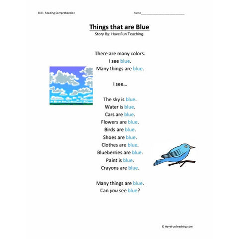 Everyday Colors Reading Comprehension Things That Are Blue Worksheet