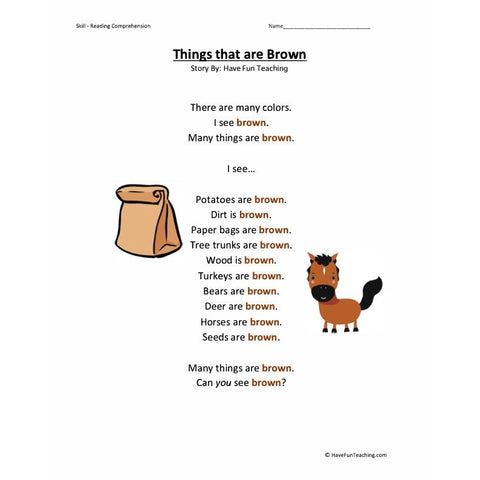 Everyday Colors Reading Comprehension Things That Are Brown Worksheet