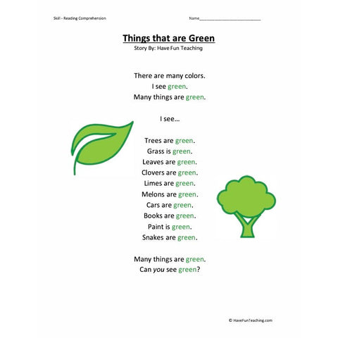 Everyday Colors Reading Comprehension Things That Are Green Worksheet