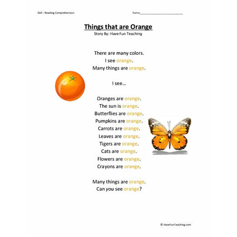 Everyday Colors Reading Comprehension Things That Are Orange Worksheet