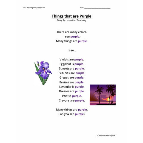 Everyday Colors Reading Comprehension Things That Are Purple Worksheet