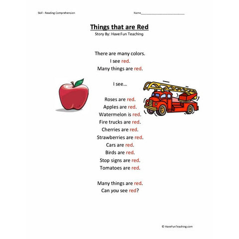 Everyday Colors Reading Comprehension Things That Are Red Worksheet