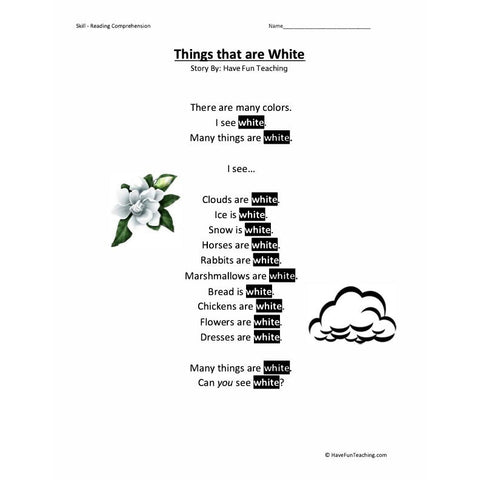 Everyday Colors Reading Comprehension Things That Are White Worksheet