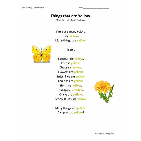 Everyday Colors Reading Comprehension Things That Are Yellow Worksheet