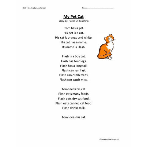 My Pet Reading Comprehension Cat Worksheet
