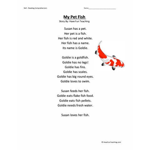 My Pet Reading Comprehension Fish Worksheet