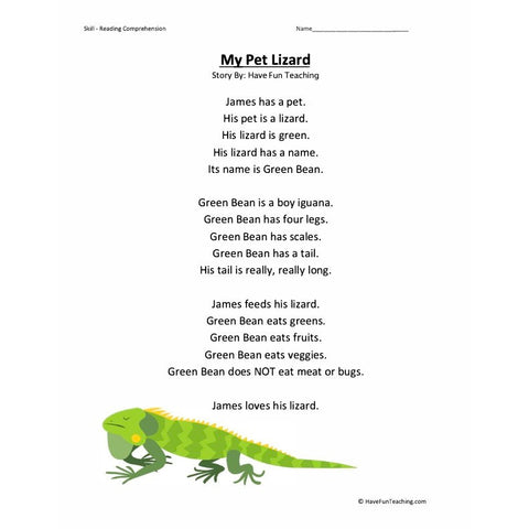 My Pet Reading Comprehension Lizard Worksheet