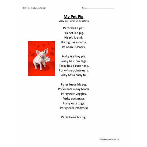 My Pet Reading Comprehension Pig Worksheet