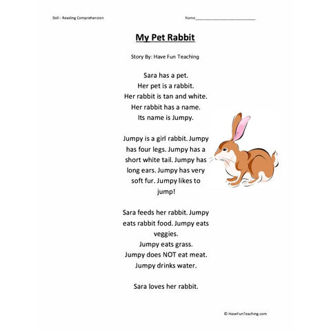 My Pet Reading Comprehension Rabbit Worksheet