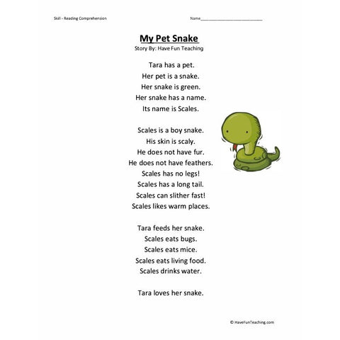 My Pet Reading Comprehension Snake Worksheet