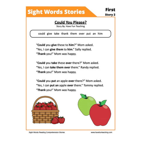 Sight Words Reading Comprehension 12 First Worksheet