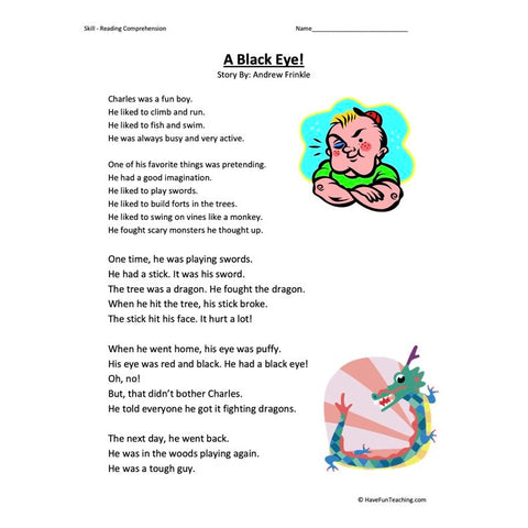 A Black Eye Reading Comprehension Worksheet