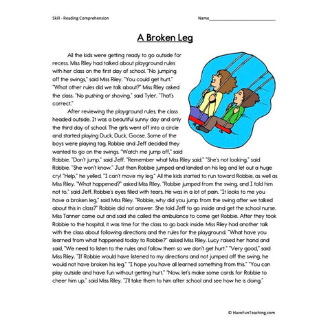 A Broken Leg Reading Comprehension Worksheet