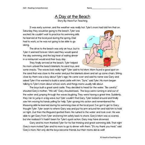 A Day at the Beach Reading Comprehension Worksheet