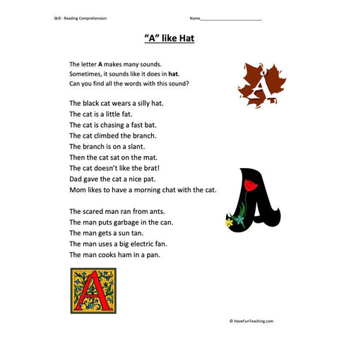 A Like Hat Reading Comprehension Worksheet