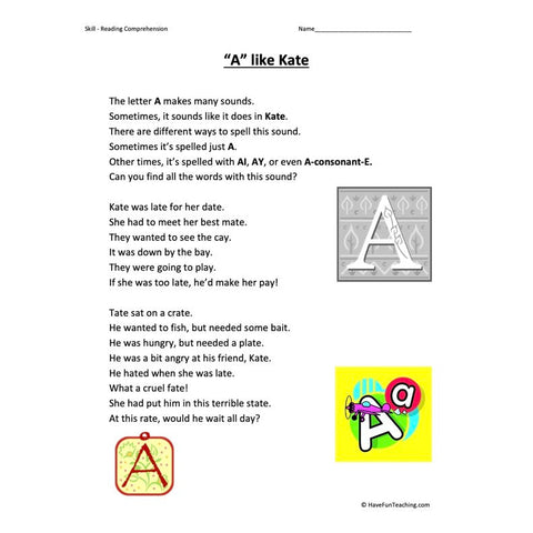 A Like Kate Reading Comprehension Worksheet