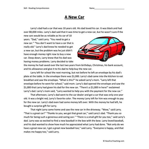 A New Car Reading Comprehension Worksheet
