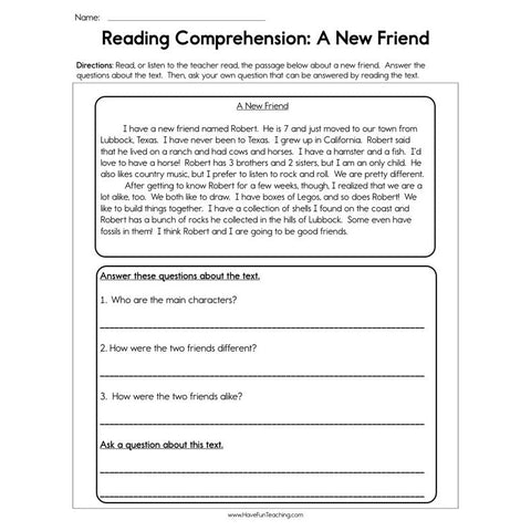 A New Friend Reading Comprehension Worksheet