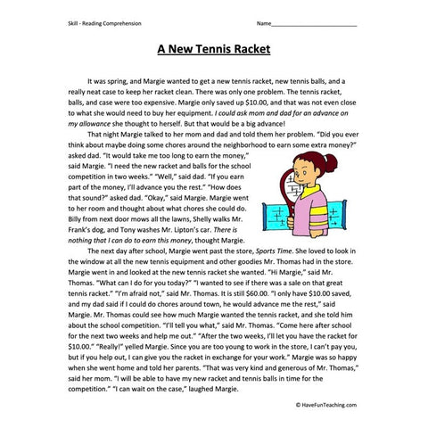 A New Tennis Racket Reading Comprehension Worksheet